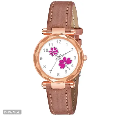 KIARVI GALLERY Analogue Flower Designer Leather Strap Women's and Girl's Watch (Peach-Pink)-thumb0