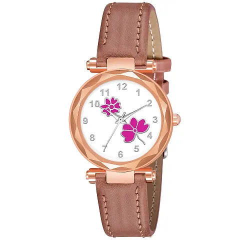 KIARVI GALLERY Analogue Flower Designer Leather Strap Women's and Girl's Watch (Peach-Pink)