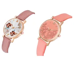 KIARVI GALLERY Analogue Pack of 2 Flower Designer Dial Leather Strap Women's and Girl's Watch (Peach-Peach)-thumb1