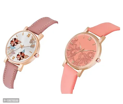 KIARVI GALLERY Analogue Pack of 2 Flower Designer Dial Leather Strap Women's and Girl's Watch (Peach-Peach)-thumb2