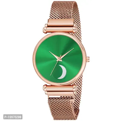 KIARVI GALLERY Analogue Moon Dial Unique Designer Magnetic Metal Strap Watch for Girl's and Women's (Rose Gold-Green)-thumb0