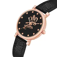 KIARVI GALLERY Analogue Crown Princess Dial Unique Designer Leather Strap Women's and Girl's Watch (Black)-thumb1