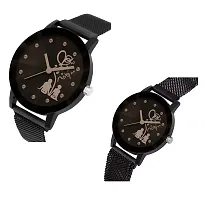 KIARVI GALLERY Metal Strap Casual Lovers Couples Unique Design Magnetic Analog Men's and Women's Watch - Black - Pack of 2-thumb1