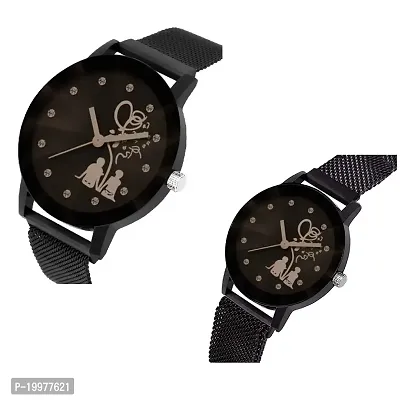 KIARVI GALLERY Metal Strap Casual Lovers Couples Unique Design Magnetic Analog Men's and Women's Watch - Black - Pack of 2-thumb2