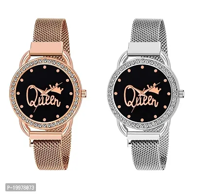 KIARVI GALLERY Silver and Gold Queen Dial Full Diamond Designer with Magnetic Metal Strap Analog Watch for Girl's and Women (Pack of 2)