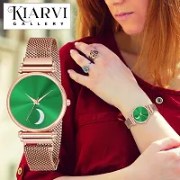 KIARVI GALLERY Analogue Moon Dial Unique Designer Magnetic Metal Strap Watch for Girl's and Women's (Rose Gold-Green)-thumb4