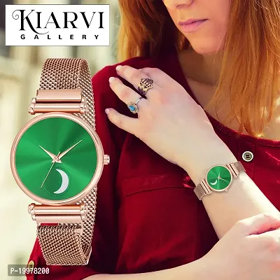 KIARVI GALLERY Analogue Moon Dial Unique Designer Magnetic Metal Strap Watch for Girl's and Women's (Rose Gold-Green)-thumb5