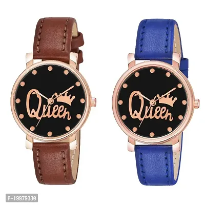 KIARVI GALLERY Analogue Queen Designer Dial Leather Strap Combo Watch for Girls and Women(Blue-Brown) (Brown-Blue)