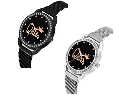KIARVI GALLERY Black and Silver Queen Dial Full Diamond Designer with Magnetic Metal Strap Analog Watch for Girl's and Women (Pack of 2)-thumb1