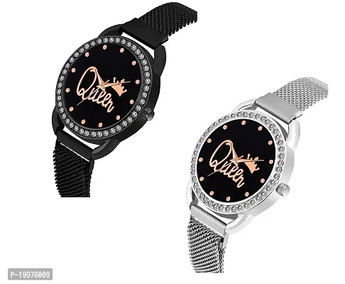 KIARVI GALLERY Black and Silver Queen Dial Full Diamond Designer with Magnetic Metal Strap Analog Watch for Girl's and Women (Pack of 2)-thumb2