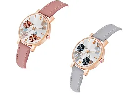 KIARVI GALLERY Analogue Flowered Dial Unique Designer Leather Strap Women's and Girl's Watch (Peach-Grey)-thumb1