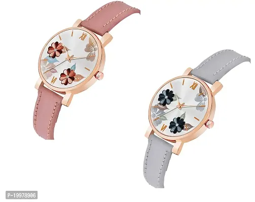 KIARVI GALLERY Analogue Flowered Dial Unique Designer Leather Strap Women's and Girl's Watch (Peach-Grey)-thumb2