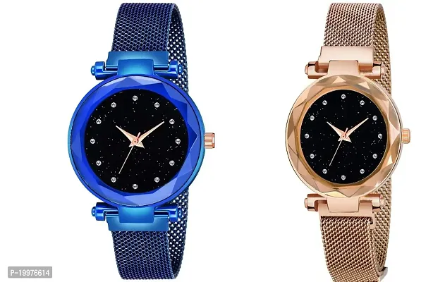 KIARVI GALLERY Blue and Gold Color Magnetic Strap Buckle Combo Watch for Women