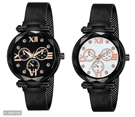 KIARVI GALLERY Black and White Dial Magnetic Metal Strap Analog Girl's and Women's Watch (Black Color,Pack of 2)