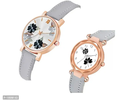 KIARVI GALLERY Analogue Pack of 2 Multicolored Flower Designer Leather Strap Women's and Girl's Watch (Grey-F)-thumb2