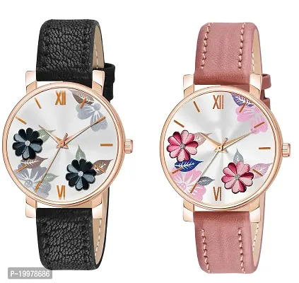 KIARVI GALLERY Analogue Flowered Dial Unique Designer Leather Strap Women's and Girl's Watch (Black-Peach-P)-thumb0