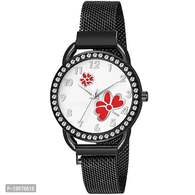 KIARVI GALLERY Casual Analogue Flower Printed Dial Full Diamond Designer Magnetic Metal Strap Analog Girl's and Women's Watch (Black Colored Strap) (Black Red)-thumb0