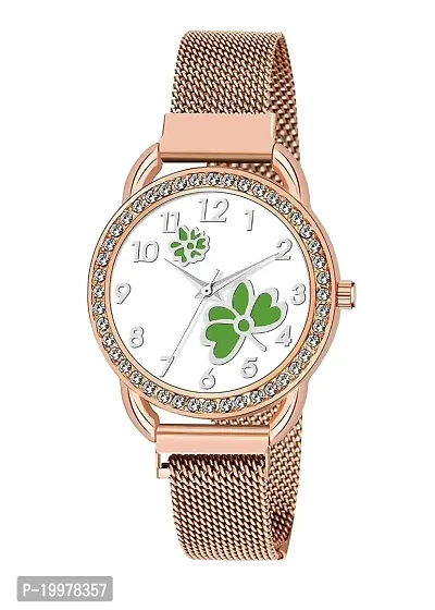 KIARVI GALLERY Casual Analogue Green Flower Printed Dial Full Diamond Designer Magnetic Metal Strap Analog Girl's and Women's Watch (Rose Gold)