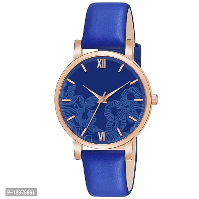 KIARVI GALLERY Analogue Flower Dial Unique Designer Leather Strap Women's and Girl's Watch (Blue)-thumb0