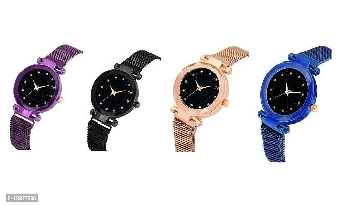 KIARVI GALLERY Black Blue Gold Purple Color with Magnetic Metal Strep Analog Watch for Girls and Women(Pack of 4)-thumb2