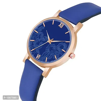 KIARVI GALLERY Analogue Flower Dial Unique Designer Leather Strap Women's and Girl's Watch (Blue)-thumb2