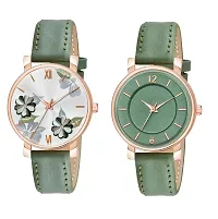 KIARVI GALLERY Analogue Pack of 2 Flowered and 6 to 12 Antique Dial Unique Designer Leather Strap Women's and Girl's Watch (Green-Green)-thumb2