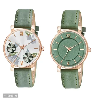 KIARVI GALLERY Analogue Pack of 2 Flowered and 6 to 12 Antique Dial Unique Designer Leather Strap Women's and Girl's Watch (Green-Green)-thumb3