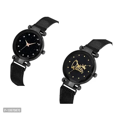 KIARVI GALLERY Queen Dial and Black 12 Dimond Magnet Strep Analog Combo Watch for Girls and Women(Pack of 2)-thumb2