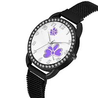 KIARVI GALLERY Casual Analogue Flower Printed Dial Full Diamond Designer Magnetic Metal Strap Analog Girl's and Women's Watch (Black Colored Strap) (Black-Purple)-thumb1