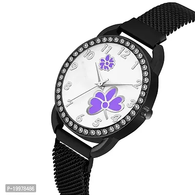 KIARVI GALLERY Casual Analogue Flower Printed Dial Full Diamond Designer Magnetic Metal Strap Analog Girl's and Women's Watch (Black Colored Strap) (Black-Purple)-thumb2