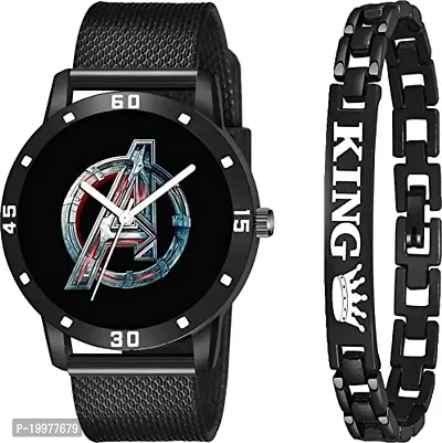 Kiarvi Gallery Analogue Black Avenger Print Dial PU Strap and King Bracelet Combo for Boys and Men's Watches(Combo of 2)-thumb0