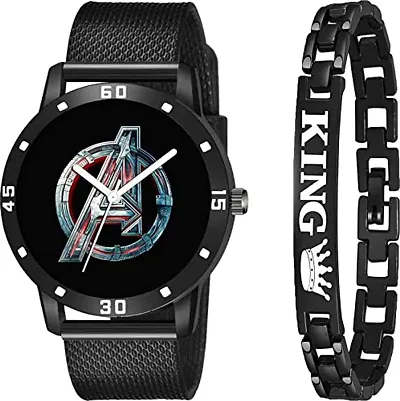 Kiarvi Gallery Analogue Avenger Print Dial PU Strap and King Bracelet Combo for Boys and Men's Watches(Combo of 2)