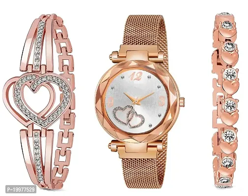 KIARVI GALLERY Branded Heart Dial Magnet Strap Analog Watch for Girls or Women and 2 Present Gift Bracelet Combo for Girls and Women(Combo of 3) (Gold)