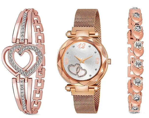 KIARVI GALLERY Casual Analogue Branded Heart Dial Magnet Strap Analog Watch for Girls or Women and 2 Present Gift Bracelet Combo for Girls and Women(Combo of 3)