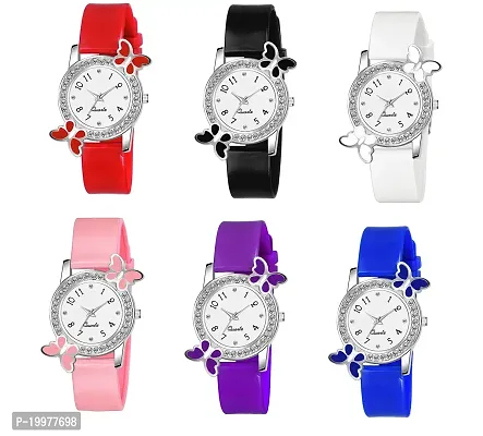 KIROHreg; Six Multicolor Diamond Studded Butterfly Designer Watch for Girl and Women (Pack of 6)-thumb0