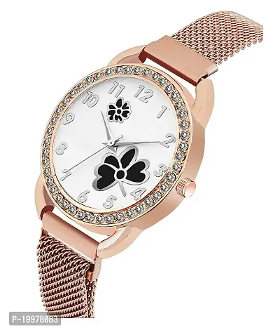 KIARVI GALLERY Casual Analogue Flower Printed Dial Full Diamond Designer Magnetic Metal Strap Analog Girl's and Women's Watch (Rose Gold Colored Strap) (Rose Gold -Black)-thumb2