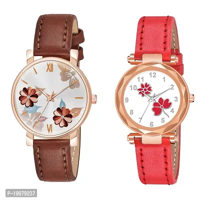 KIARVI GALLERY Analogue Pack of 2 Multicolored Flower Designer Leather Strap Women's and Girl's Watch (Brown-Red)-thumb0