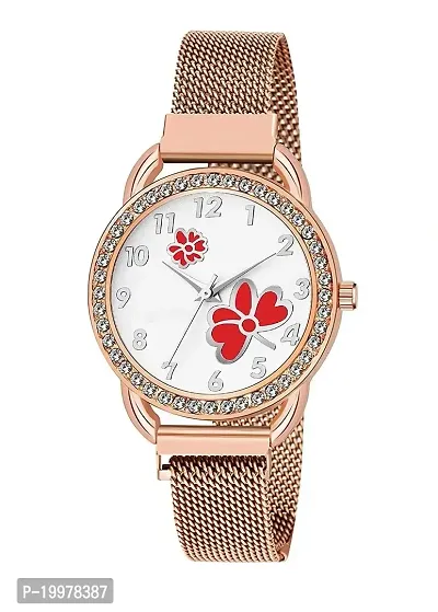 KIARVI GALLERY Casual Analogue Flower Printed Dial Full Diamond Designer Magnetic Metal Strap Analog Girl's and Women's Watch (Rose Gold Colored Strap) (Rose Gold -Red)