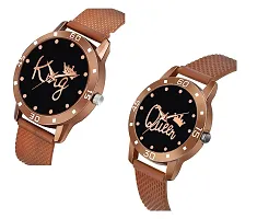 KIARVI GALLERY Analogue King and Queen Dial PU Strap Men's and Women's Couple Watch(Combo, Pack of 2) (Brown)-thumb1