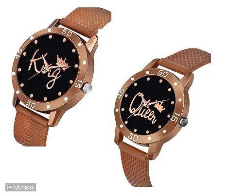 KIARVI GALLERY Analogue King and Queen Dial PU Strap Men's and Women's Couple Watch(Combo, Pack of 2) (Brown)-thumb2