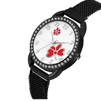 KIARVI GALLERY Casual Analogue Flower Printed Dial Full Diamond Designer Magnetic Metal Strap Analog Girl's and Women's Watch (Black Colored Strap) (Black Red)-thumb1