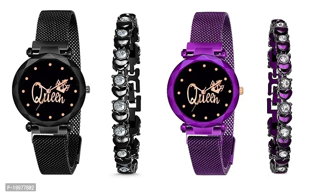 KIARVI GALLERY Clausal Black and Gold Queen Dial with Magnetic Metal Strap Analog Watch and 2 Present Gift Bracelet Set for Girls and Women (Combo of 4) (Black and Purple)