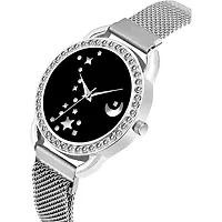 KIARVI GALLERY Clausal Moon Star Dial Designer Silver Magnet Strap Analog Watch for Girl's and Women(Black Dial, Silver Colored)-thumb2