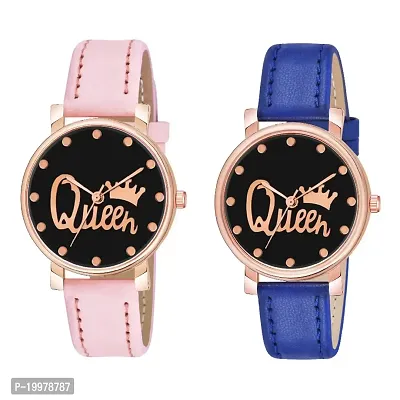 KIARVI GALLERY Analogue Queen Designer Dial Leather Strap Combo Watch for Girls and Women(Blue-Brown) (Pink-Blue)
