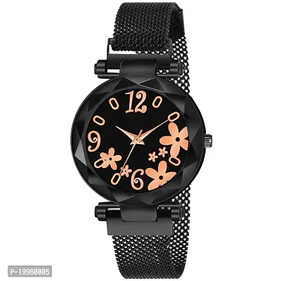KIARVI GALLERY Analogue Black Flower Dial Designer Magnetic Strap Women's and Girl's Watch (Black)