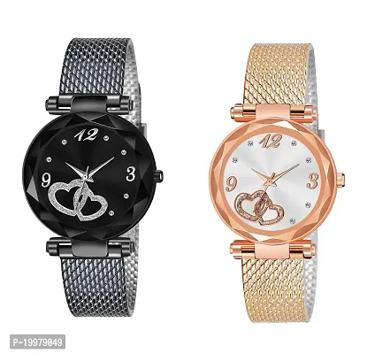 KIARVI GALLERY Clausal Analog Pack of 2 Combo PU Belt Analog Watches for Girls and Women (Pack of 2) (Black-Gold-Heart)