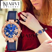 KIARVI GALLERY Analogue Blue Flower Dial Designer Leather Strap Women's and Girl's Watch (Blue)-thumb3