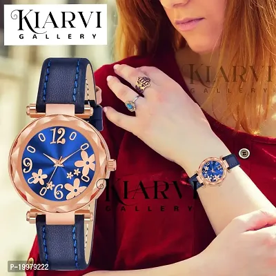 KIARVI GALLERY Analogue Blue Flower Dial Designer Leather Strap Women's and Girl's Watch (Blue)-thumb4