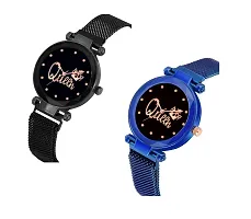 KIARVI GALLERY Clausal Black and Gold Queen Dial with Magnetic Metal Strap Analog Watch and 2 Present Gift Bracelet Set for Girls and Women (Combo of 4) (Black and Blue)-thumb1