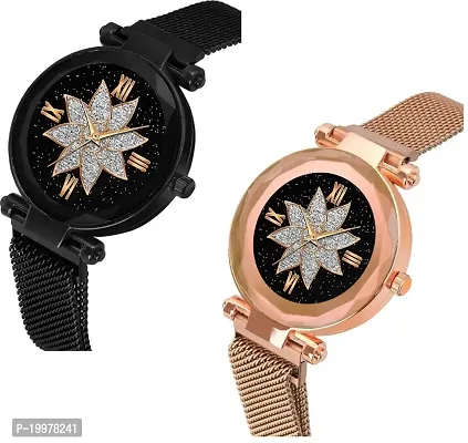 KIARVI GALLERY Black and Gold Flower Star Dial Designer with Magnetic Metal Strap Analog Watch for Girl's and Women (Pack of 2)-thumb2